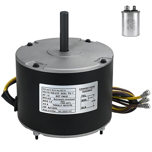 Motor de ventilador del condensador 45210 1/5 HP 825RPM 208-230V AC Motor de ventilador del condensador | Repuesto para portador Bryant Payne HC37GE210, HC37GE210A, 3S003, 5KCP39GFY917S 5KCP39GFS166S, 6DLL2