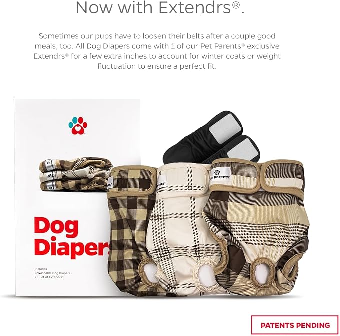 Pet Parents® - Pañales lavables para perros (paquete de 3 unidades) + Extendrs® de pañales duraderos para perros, pañales premium para hembras y machos (extra pequeño, Oxford).Talla XS