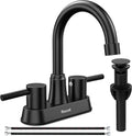 Llave de Baño Negro Mate – 3 Hoyos, 2 Manijas, Centerset 4 Pulgadas, Libre de Plomo, con Desagüe de Cobre