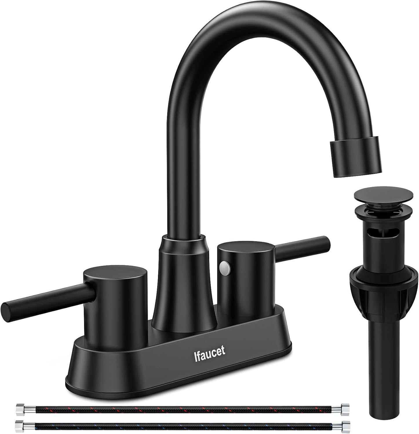Llave de Baño Negro Mate – 3 Hoyos, 2 Manijas, Centerset 4 Pulgadas, Libre de Plomo, con Desagüe de Cobre