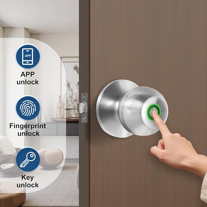 YFK Cerradura de puerta inteligente de huellas dactilares para dormitorio, perilla de puerta de entrada sin llave con asa, cerradura biométrica de puerta delantera con aplicación y llaves de respaldo para el hogar, apartamento, oficina, hotel (plateado)