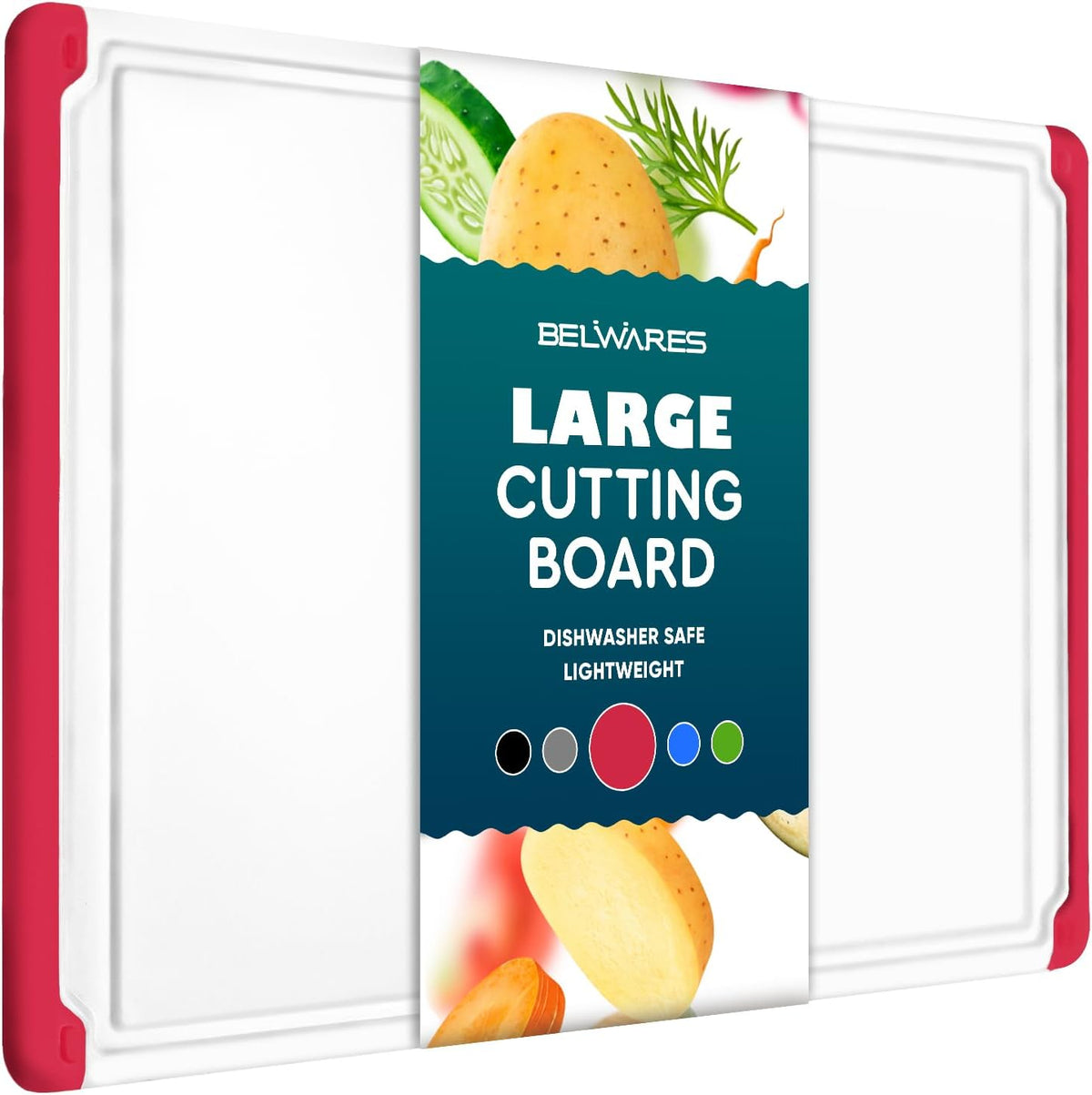Belwares - Tabla de cortar de plástico extra grande para cocina, color rojo de 18 pulgadas, apto para lavavajillas, tabla de cortar reversible con ranura para jugos + pies antideslizantes para carne