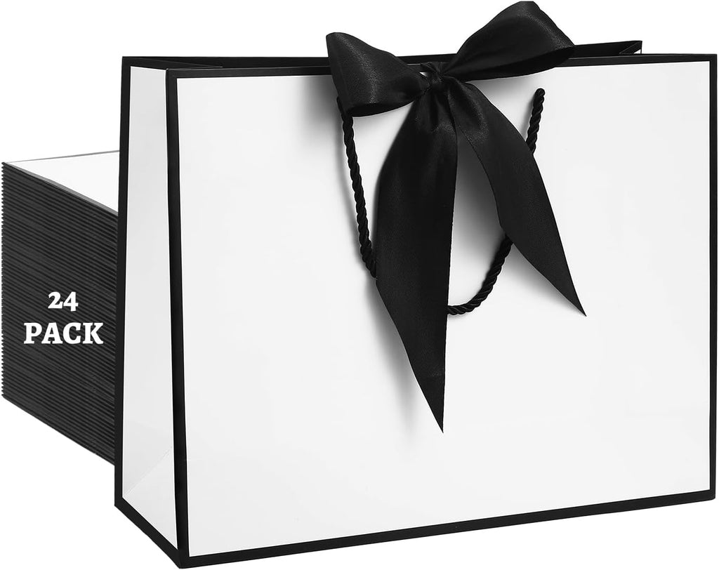 24 Pcs Gift Bags With Handles 12.6x9.8x 4.3in Medium Large Gift Bag with Bow Ribbon Portable Paper Bags for Wedding Thanksgiving Christmas Birthday Housewarming Gifts Bridesmaid Gift Bag White-Black