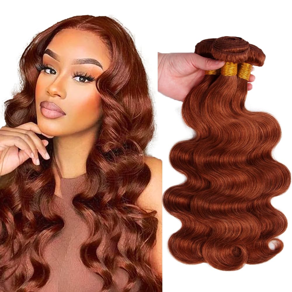 Extensiones de cabello humano castaño rojizo, ondas cobrizas, 22, 24 y 26 pulgadas, cabello virgen Remy brasileño sin procesar, #33, castaño oscuro, 3 paquetes de 150 g.