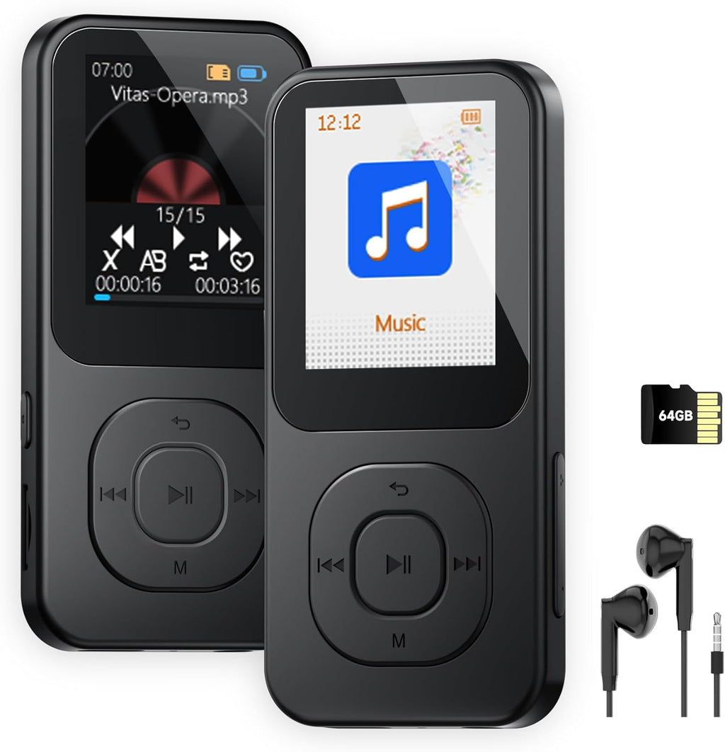Reproductor MP3 PECSU 64GB con Bluetooth 5.3 - 30 Horas de Reproduccion, Sonido HiFi, Grabadora, Radio FM, Lector E-Book, Negro