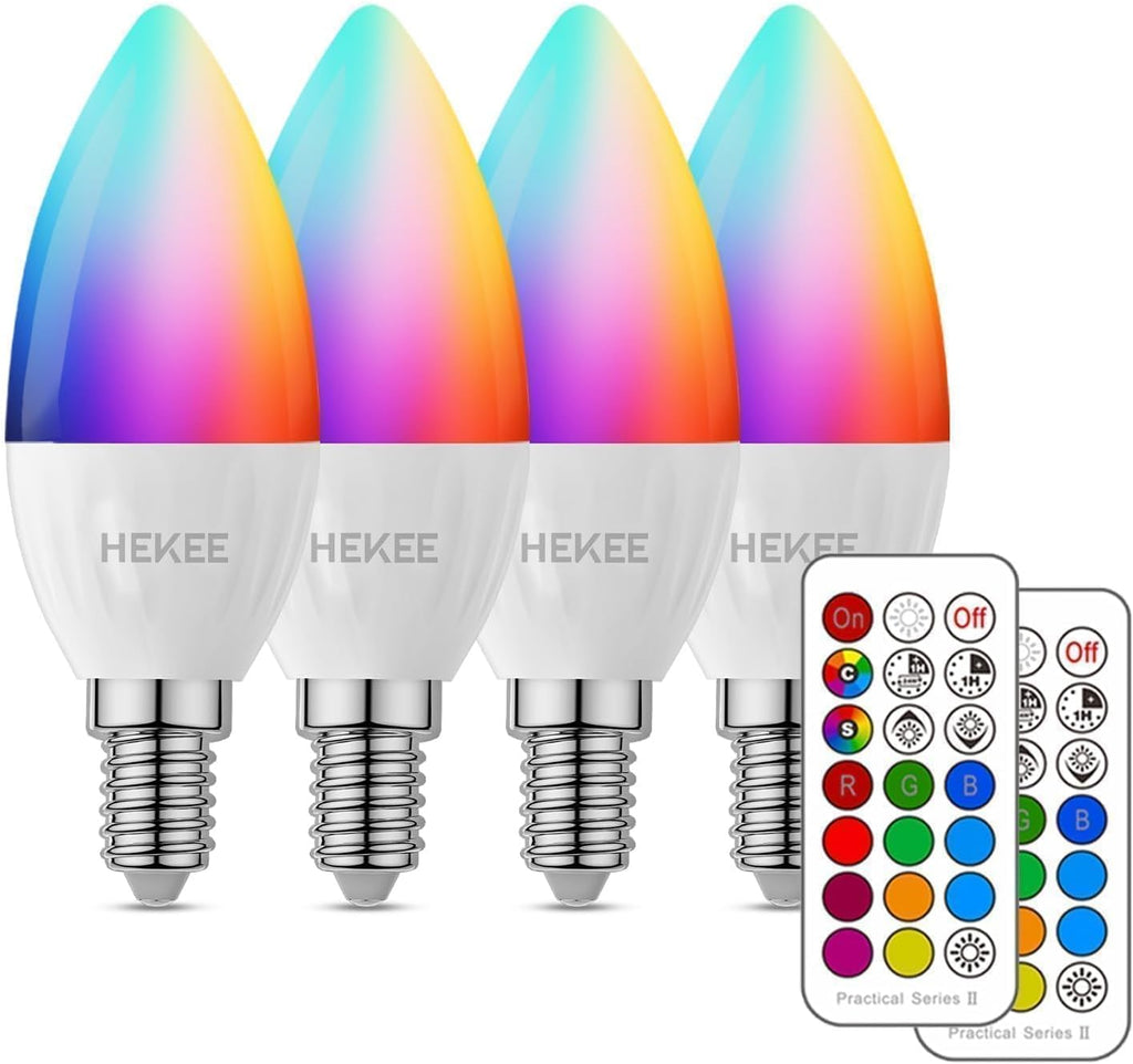 ( VIENE SIN CONTROL REMOTO ) Bombillas LED HEKEE E12 Candelabro Cambio de Color con Control Remoto | Base E12, 12 RGB + Blanco Cálido 2700K, Equiv. 40W (5W), 450LM, Temporizador, 4 Piezas