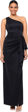 Vestido Xscape de Mujer Largo Elastizado Escuba Sin Mangas Un Hombro con Volante Lateral, Negro, Talla 4
