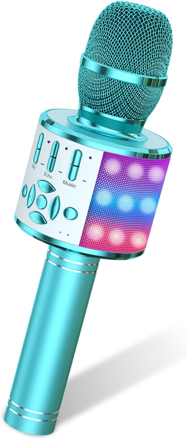 Amazmic Microfono de Karaoke para Ninos | Maquina con Bluetooth y Luz LED | Regalo para Ninas y Ninos de 3 a 12 Anos | Azul