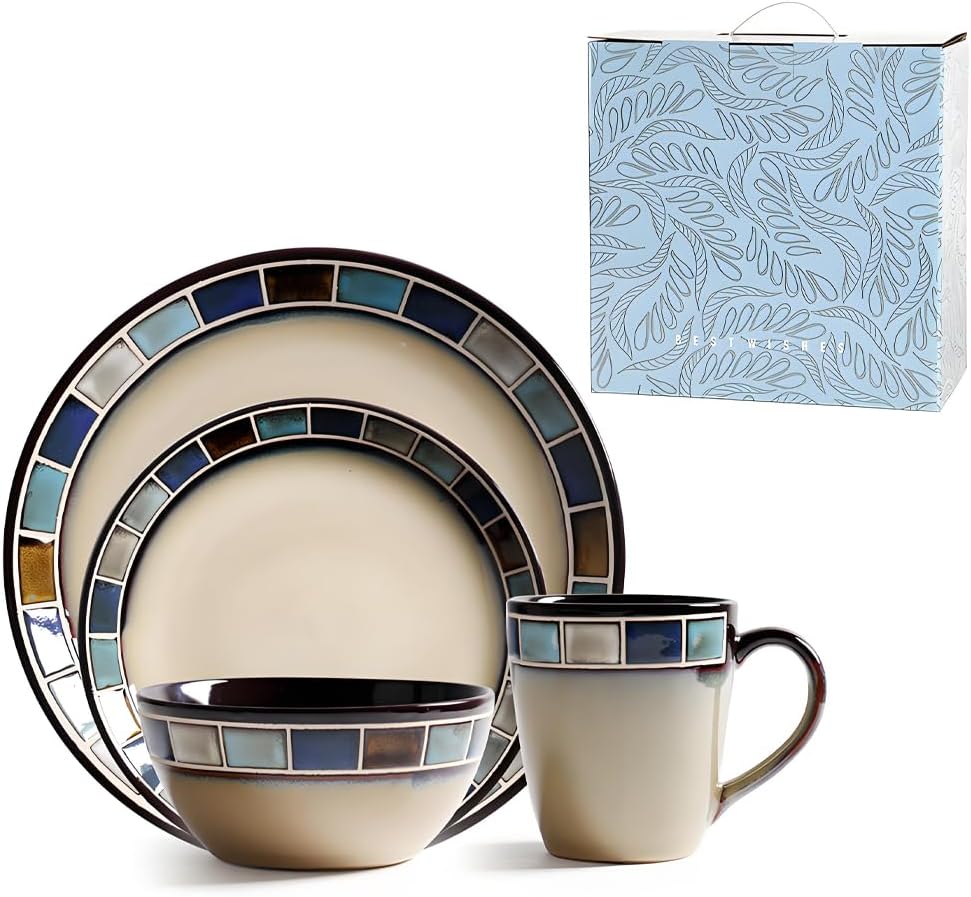 ANCYDPMI Ceramic Dinnerware Set of 4, 4 Pieces Dishes Set,Plate and Bowl Set, Unique Gift Idea, Scratch Resistant Dishes, Dishwasher & Microwave Safe(Blue)
