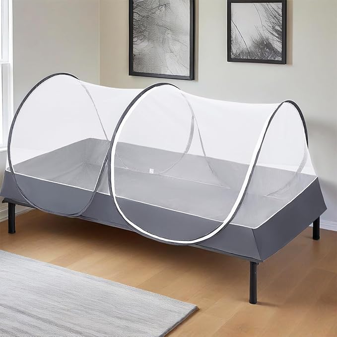 Red Mosquitera Pop-Up MENGERSI para Cama – Dosel Plegable Portátil para Camping, Viaje y Patio, Sin Instalación (Gris)