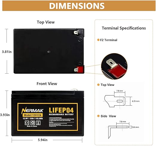 NERMAK 2 Pack 12V 12Ah LiFePO4 Deep Cycle Battery, 2000+ Cycles Lithium Iron Phosphate Rechargeable Battery for Solar Power,Lighting, Power Wheels, Fish Finder and More, Built-in 12A BMS