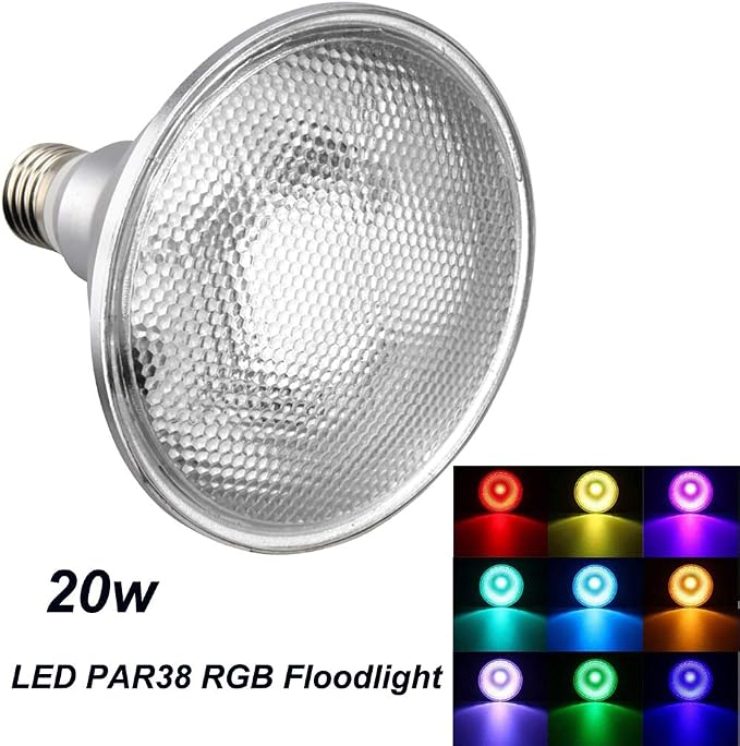Foco LED PAR38 RGB 20W Regulable con Cambio de Color – Base E26, Resistente al Agua, con Control Remoto