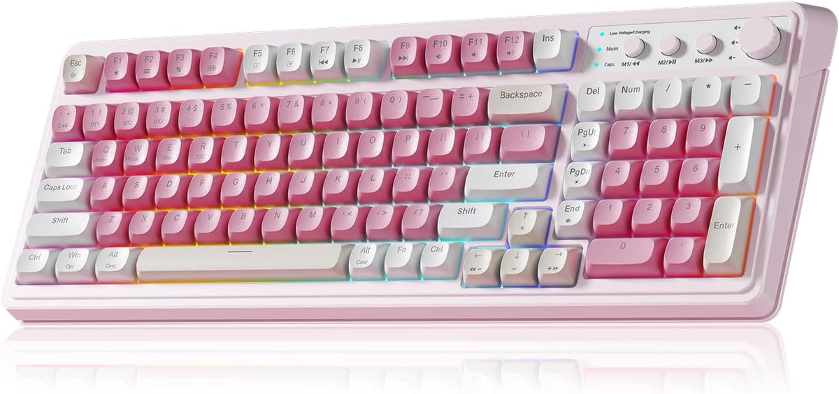 Teclado AULA de 99 teclas, teclado inalámbrico para juegos, teclados para computadora Bluetooth, color crema, bonito, con teclado numérico, retroiluminación RGB, triple modo, BT/2.4GHz/USB-C - Rosa