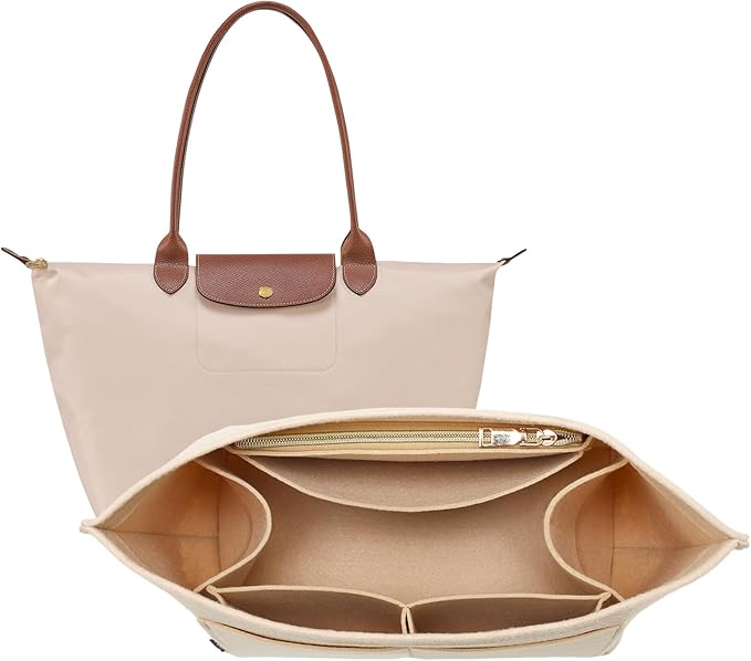 OPPOSHE Organizador de cartera inserto para Longchamp Le Pliage, bolso de mano de fieltro premium Long Champ para mujer, organizador para bolso de mano con 9 compartimentos (grande, beige)