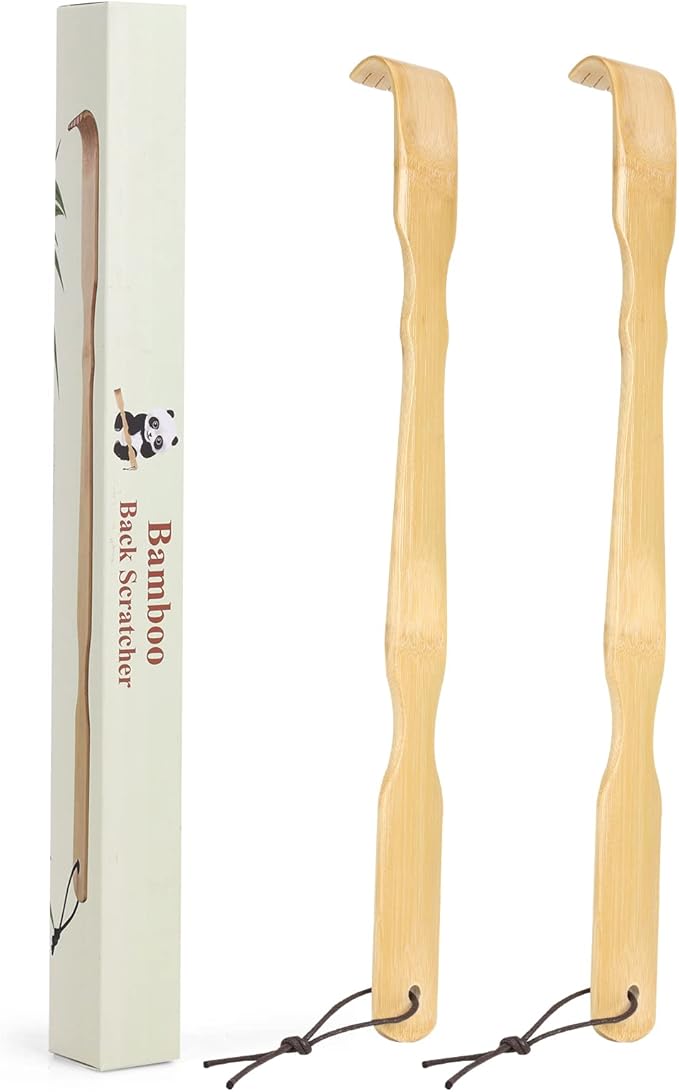 YIMICOO Paquete de 2 rascadores de espalda de bambú de madera, 17 pulgadas de largo mango para adultos, hombres y mujeres, con hermoso embalaje de regalo