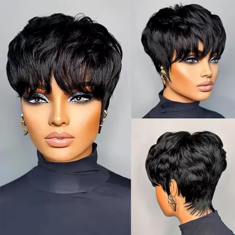 Peluca Pixie Cut Jgzpfo 100% Cabello Humano – Corta, Sin Pegamento, Hecha a Máquina para Mujeres Negras (S-036 1B)