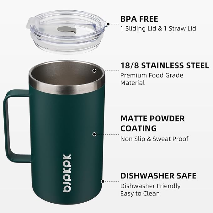 BJPKPK Taza de café aislada con 2 tapas, vaso aislado de acero inoxidable de 25 onzas con asa, tazas de café de doble pared con aislamiento al vacío, sin BPA, taza de viaje para café, té y bebidas