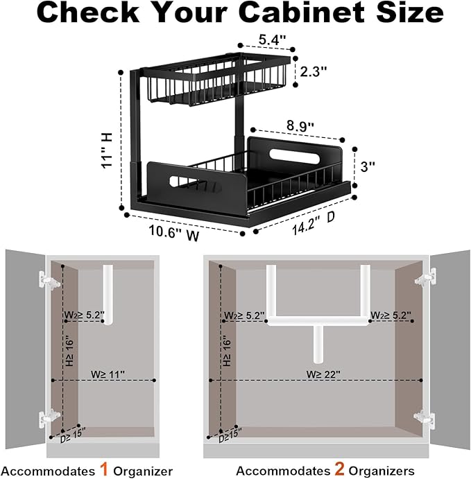 Organizador para debajo del fregadero, organizador de armario extraíble de 2 niveles en forma de L | For Kitchen and Bathroom, Slide Out Under Cabinet Storage, Metal Under Sink Storage with Sliding Drawer, 50 lbs, Black 2 Pack