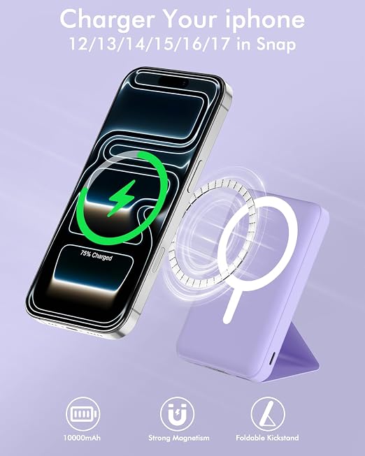 Podoru para Magsafe Paquete de baterías, banco de energía magnético plegable de 10000 mAh con cable USB-C pantalla LED de 22.5 W PD de carga rápida cargador portátil inalámbrico para iPhone 17/16/15/14/13/12 Series, color morado claro