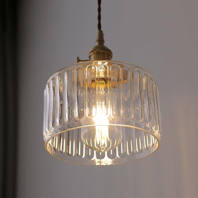 Lámpara colgante Siet Vintage de latón con pantalla de cristal estampado