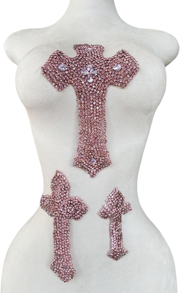 MOPISVN 3 piezas de apliques de diamantes de imitación para coser a mano, multicolor, con forma de cruz, accesorios para manualidades, para decorar vestidos, chaquetas, vaqueros, mochilas, sombreros y ropa (rosa sandía).