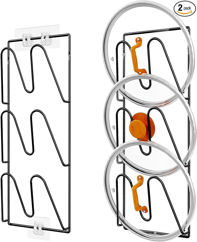Paquete de 2 estantes organizadores de tapas de ollas, soporte para tapas de ollas de 6 niveles para puerta de gabinete/pared, adhesivo sin perforaciones, montaje en pared