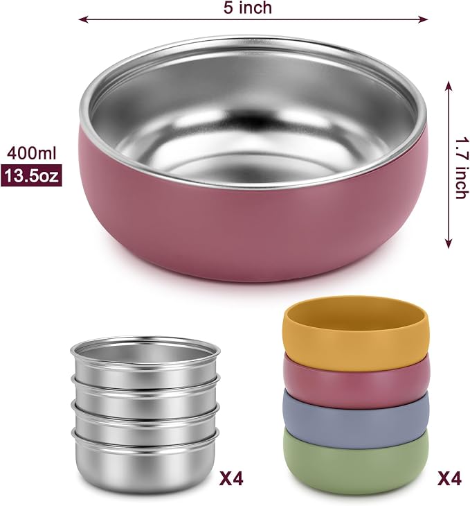 Set de 4 Cuencos de Acero Inoxidable ShineMe para Niños — Funda de Silicona Colorida Extraíble, Irrompibles, Para Sopa, Cereales y Aperitivos