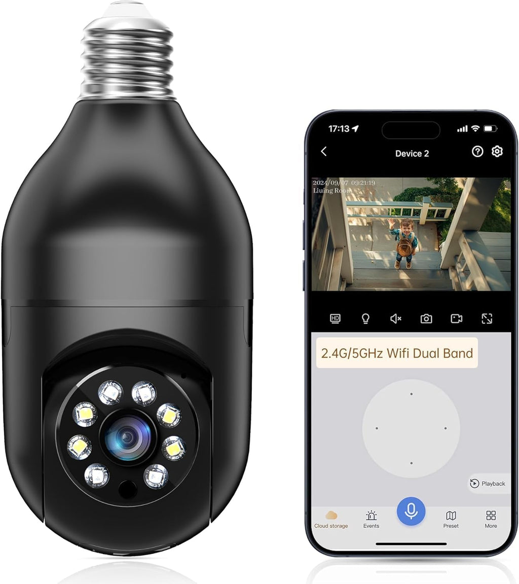 Cámara de Seguridad en Bombillo WESECUU | WiFi 5G y 2.4GHz 2K | Inalámbrica para Exterior | Detección de Movimiento y Alarma | Audio Bidireccional | Visión Nocturna a Color | Compatible con Alexa