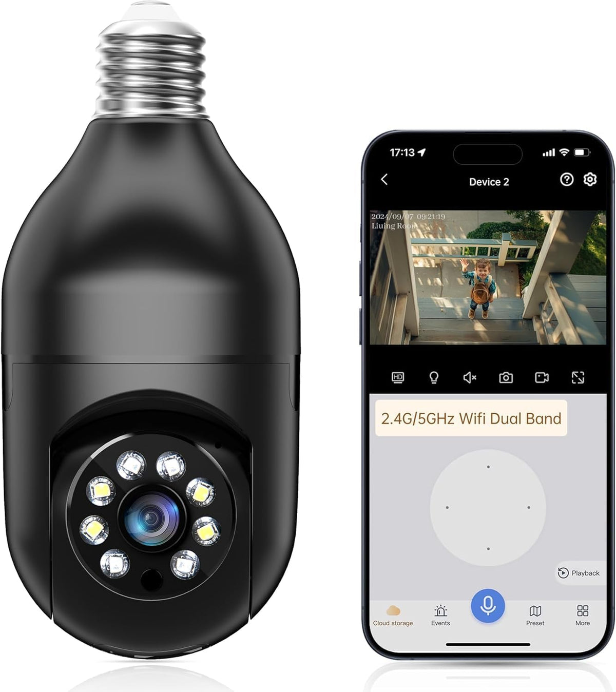 Cámara de Seguridad en Bombillo WESECUU | WiFi 5G y 2.4GHz 2K | Inalámbrica para Exterior | Detección de Movimiento y Alarma | Audio Bidireccional | Visión Nocturna a Color | Compatible con Alexa