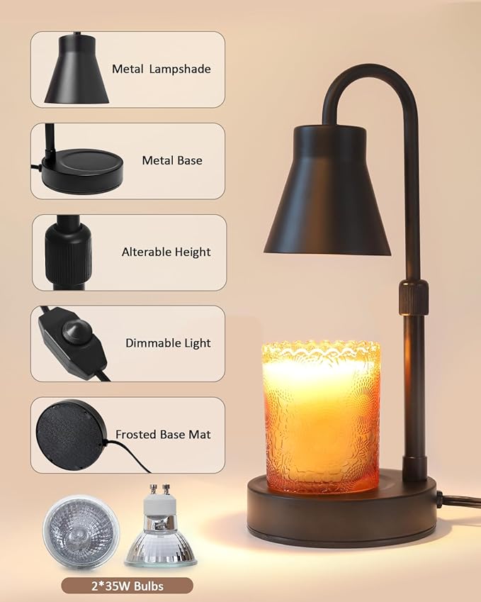 Elenhome Lámpara calentadora de velas con altura ajustable, función de atenuación continua, lámpara de decoración del hogar, lámpara de vela de metal para velas en frasco, calentador de velas