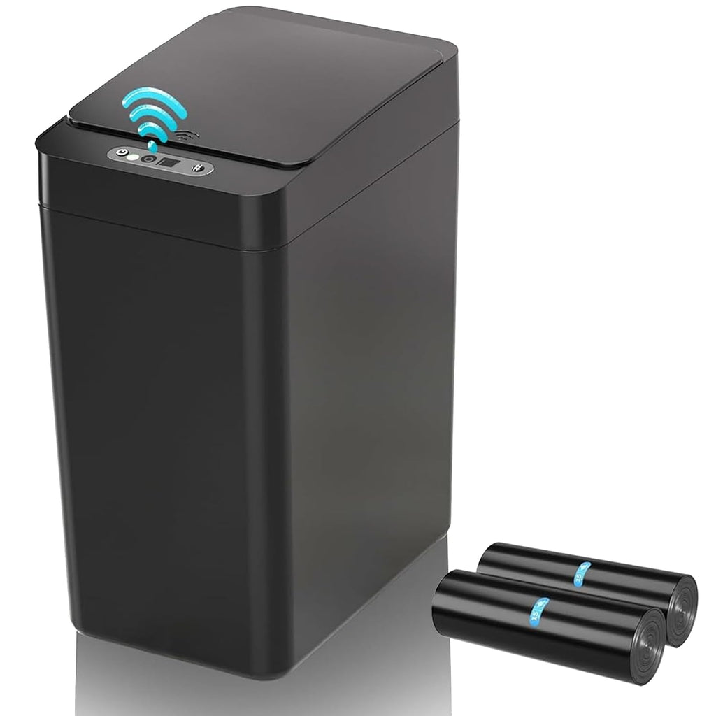 Kaylowe Cubo de basura automático para baño, sin contacto, de 2.6 galones, con tapa, pequeño y delgado, con sensor de movimiento, ideal para cocina, dormitorio, oficina y sala de estar, color negro.