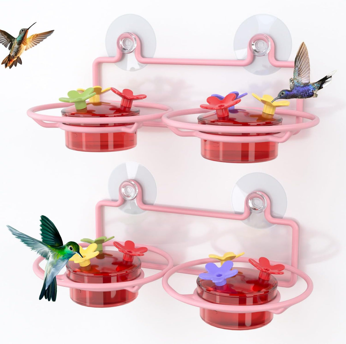 Comedero para Colibríes Dreamdrawer Pack de 2 – Color Rosa, Base Metálica y 6 Puertos de Alimentación ⚠️ No Incluye Ventosas