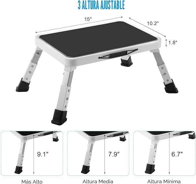 Jocauto Taburete Plegable con Escalón, Taburete con Escalón de Altura Ajustable con Plataforma Antideslizante, Escalera con Escalón para Adultos o Niños en la Cocina, Hogar, Capacidad de 330 Libras