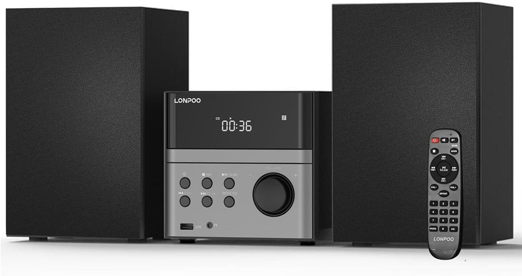 Compact Micro Hi-Fi Stereo System with CD Player, Bluetooth, FM Radio, USB Playback, Aux-Input & Earphone Output, 30W Stereo Sound, Remote Control
