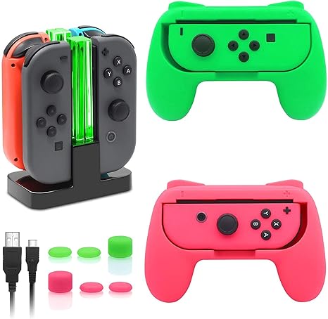FastSnail Base de carga y paquete de 2 empuñaduras de interruptor para Nintendo Switch Joy Con y modelo OLED, estación de soporte de carga con cable de carga, controlador de agarre