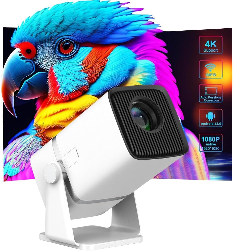 Miniproyector 2025 mejorado con WiFi y Bluetooth, resolución nativa 1080P, soporte giratorio de 180°, proyector inteligente, portátil de 150" con Android TV 13, 2.4G/5G, función de reproducción automática de películas en exteriores y en casa. 