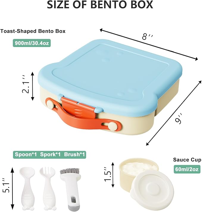SAYAPE Lonchera Bento para niños, contenedor de comida con 4 compartimentos en forma de tostada, con taza de salsa, utensilios y cepillo, sin BPA, contenedor reutilizable con tapa, ideal para la escuela y viajes, color azul