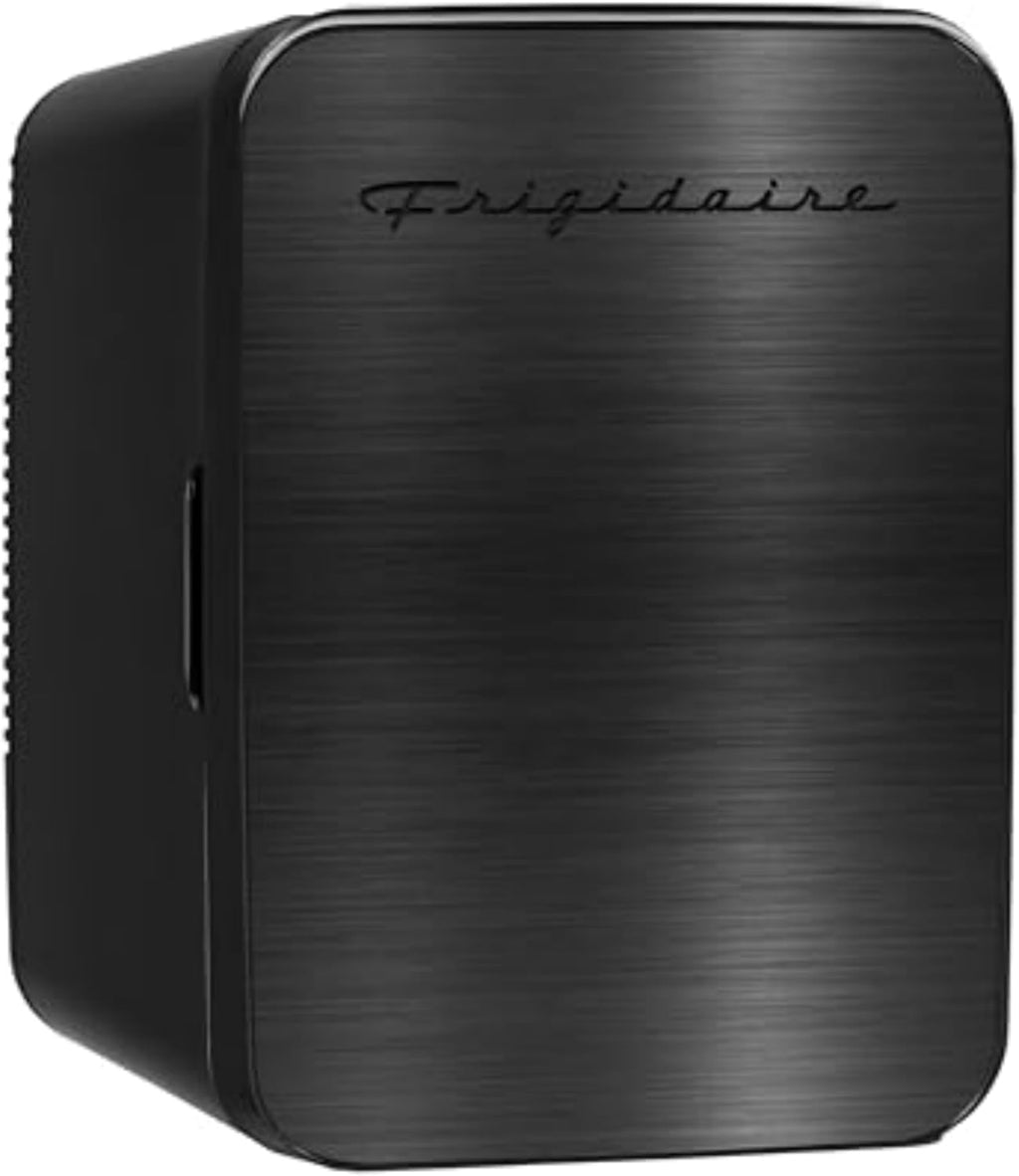 Mini Refrigerador Personal Frigidaire | De Mesa | Capacidad 10L / 15 Latas | Diseño Negro Acero Cepillado | Portátil para Skincare, Auto y Oficina