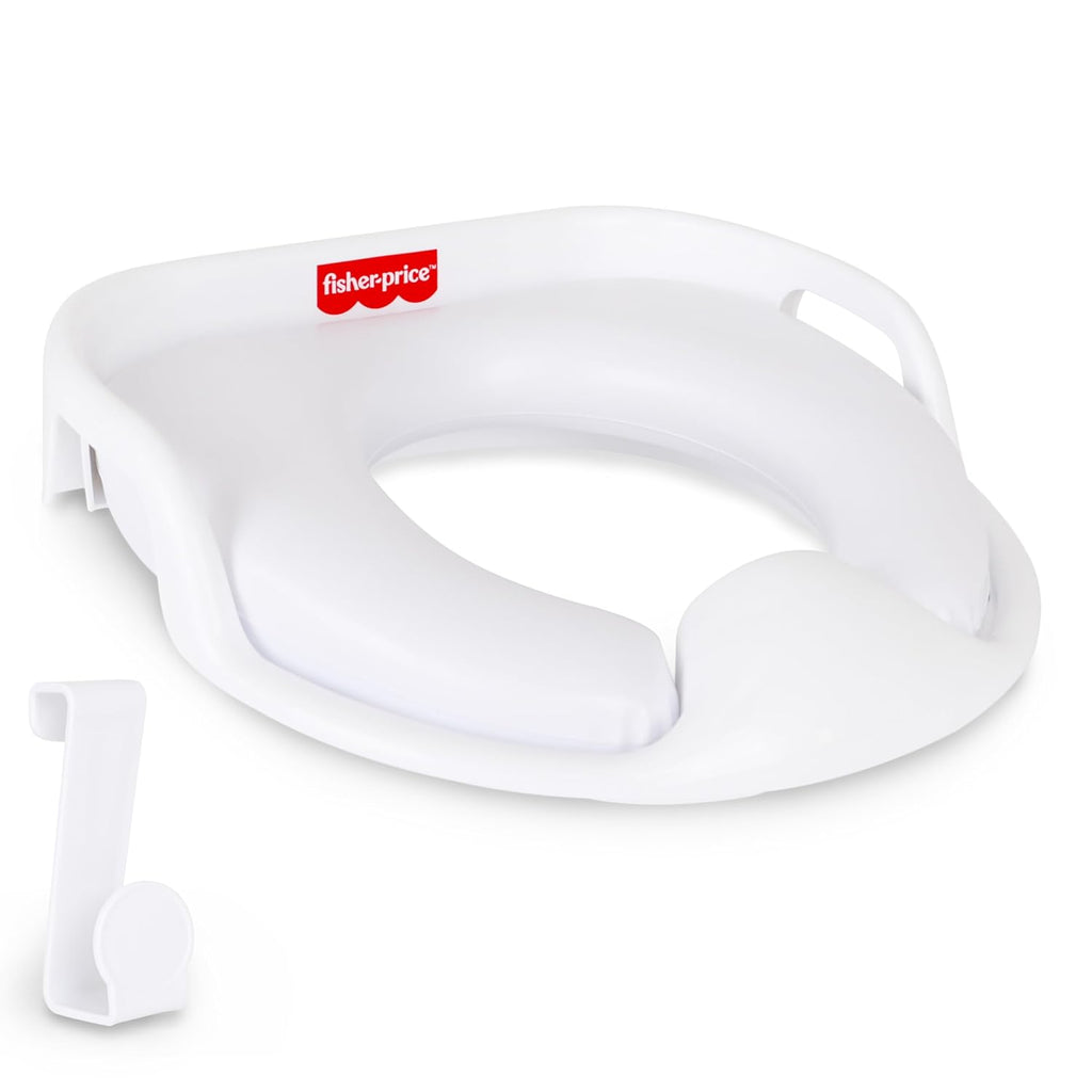 Fisher-Price Ready & Steady Asiento de Entrenamiento para Inodoro | Reductor Deluxe Acolchado con Asas, Protector Anti Salpicaduras y Gancho de Almacenamiento | Blanco