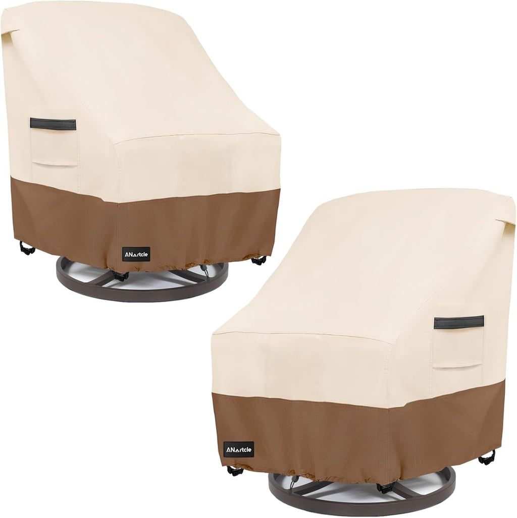 Outdoor Swivel Lounge Chair Covers 2-Pack - 600D Waterproof Heavy Duty 30"Wx34"Dx38.5"H - Patio Chair Covers with Click-Close Straps - Air Vents, Padded Handles - Beige & Brown