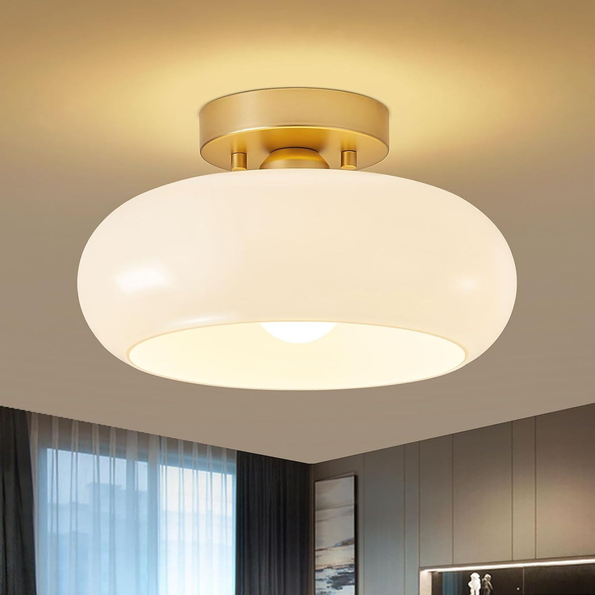 Lámpara de techo de estilo moderno de mediados de siglo dorada, lámpara de techo para cocina con pantalla de vidrio