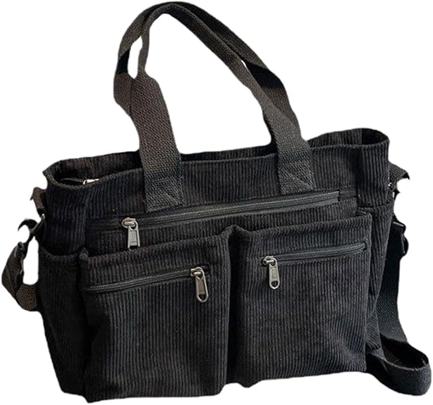 Bolso de mujer a rayas con bolsillo frontal con cremallera, plegable y fácil de llevar. Bolso de hombro versátil de lona y pana.