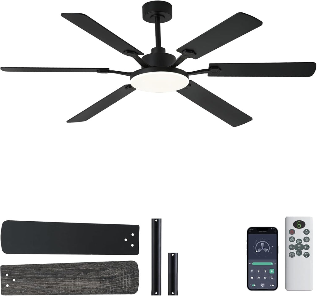 Ventilador de Techo 60" con Luz | Grande Moderno Negro con Control Remoto | 6 Aspas de Doble Cara | Motor Reversible de 6 Velocidades | LED Dimeable | Silencioso