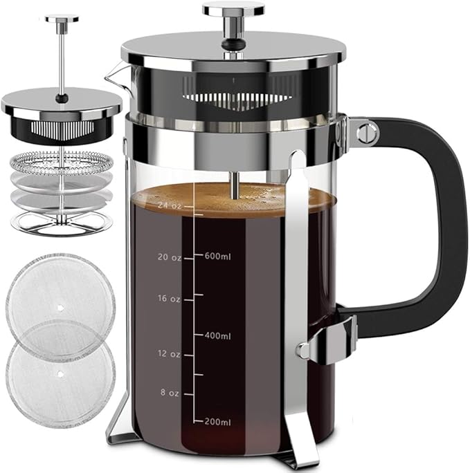 Cafetera de prensa francesa de 34 onzas, prensa francesa de acero inoxidable 304 con 4 filtros, resistente al calor, duradera, fácil de limpiar, prensa de café de vidrio de borosilicato