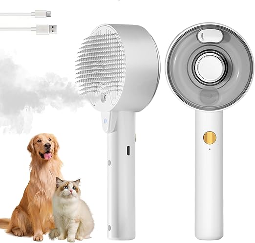 4 in 1 Cat and Dog Steam Brush Self-Cleaning with Water Tank - Pet Grooming and Massage Brush (Ivory)