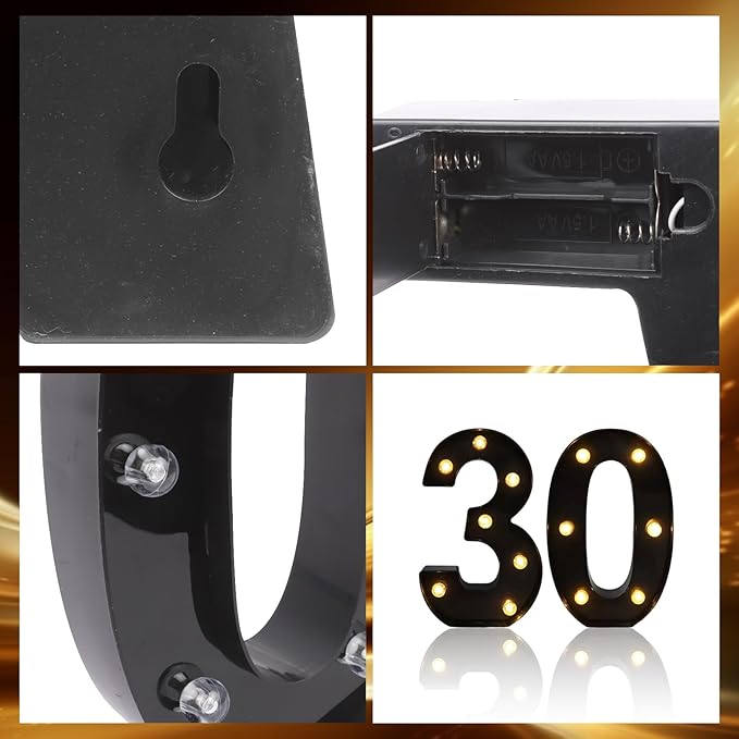 Números LED Marquesína 21,8 cm – Decoración 30 Cumpleaños, Boda y Aniversario | Negro