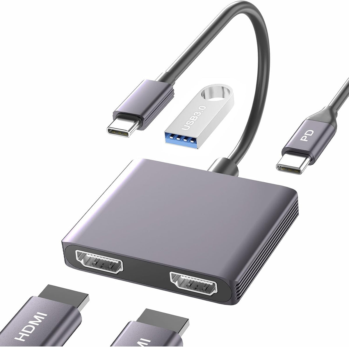 Dnkeaur Adaptador USB-C a HDMI Doble Monitor – Estación de Acoplamiento para Laptop con Divisor HDMI y Pantalla Extendida