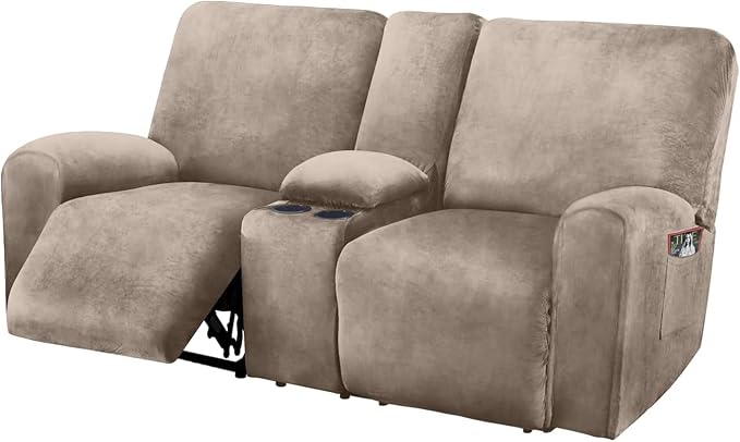 ULTICOR Funda de Terciopelo Elástico para Sofá Reclinable de 2 Plazas con Consola Central – 8 Piezas, Gruesa, Suave y Lavable