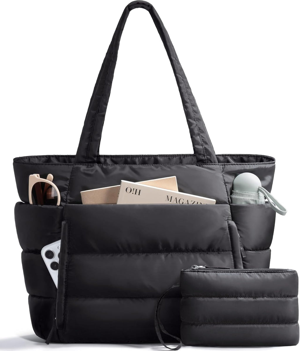 Bagstellar Puffer Tote Bag for Women, Lightweight Puffy Work Handbag Teacher Nurse Quilted Shoulder Bag for School Travel Gym