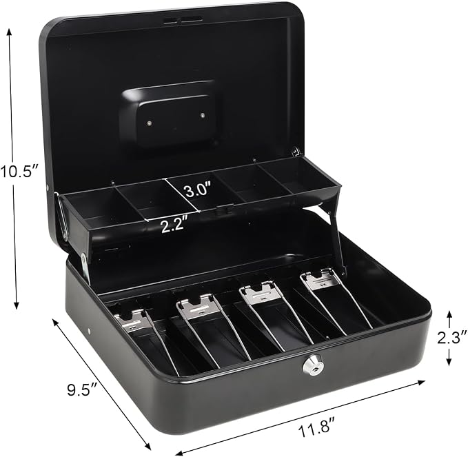 Caja Dinero Jssmst Cerradura Llave - 0.7 mm Acero Sólido, Bandeja Monedas Espuma Auto-Pop A Prueba Derrames, 4 Clips Billetes Seguros Dedo, Portátil Negocios Pequeños, 30 x 24 x 9 cm, Negro | ⚠️ Detalle en la tapa, no afecta su funcionamiento